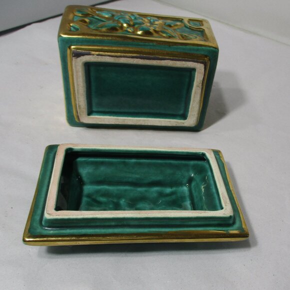 Pretty Vintage Green & Gold Lidded Ceramic Scraffito Design Box - Picture 7 of 9